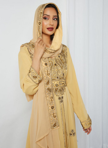 Crystal Stone Moroccan Kaftan With Sheilah Beige/Gold