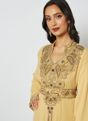 Crystal Stone Moroccan Kaftan With Sheilah Beige/Gold