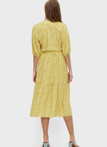 Tie Belted Printed Midi Dress Yellow