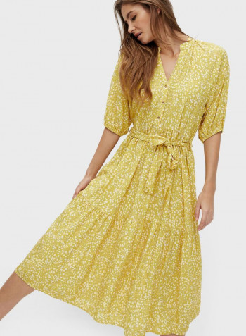 Tie Belted Printed Midi Dress Yellow
