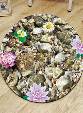Flower And Stone Printed Round Floor Mat Multicolour 100 x 100centimeter