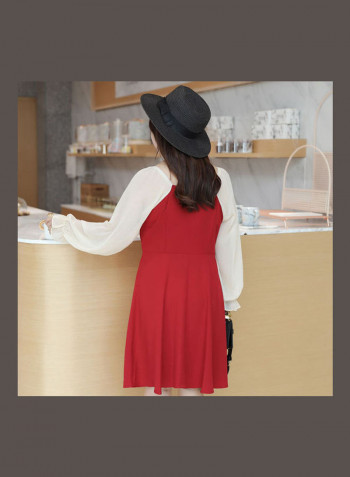 Sweet Style Boat Neck Breathable Mesh Long Sleeve Dress Red