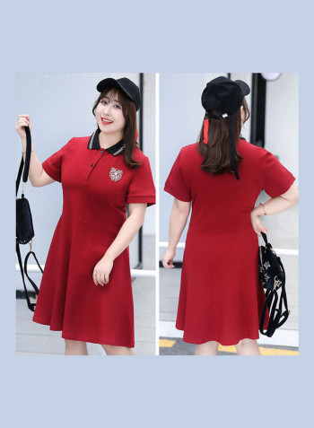 Women Embroidered Ruffled Fishtail Short Sleeves Dress Wine Red