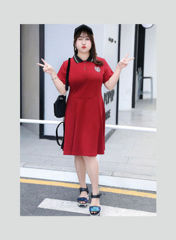Women Embroidered Ruffled Fishtail Short Sleeves Dress Wine Red