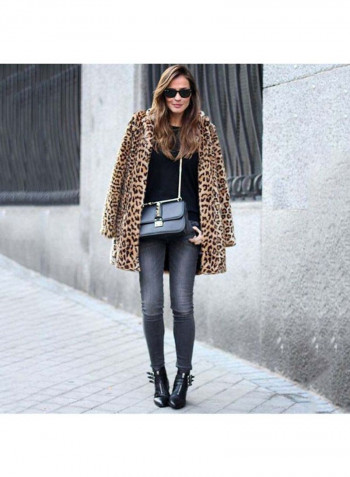 Winter Women's Longline  Leopard Print Sleeve Jacket Brown