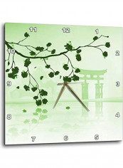 Pretty Green Cherry Blossoms Against A Peaceful Green Oriental Scene Wall Clock Green 6x6inch