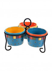3-Piece Salsa Bowl With Metal Stand Blue/Yellow/Red 8.5x6.5x9inch