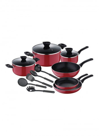 15-Piece Cookware Set Red/Clear Frying Pan (24, 28), Casserole (24, 30), Tray (18 ), Plate (30 )cm