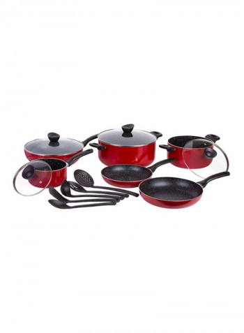 15-Piece Cookware Set Red/Clear Frying Pan (24, 28), Casserole (24, 30), Tray (18 ), Plate (30 )cm