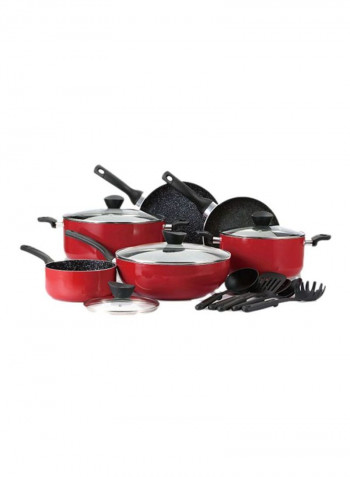 15-Piece Cookware Set Red/Clear Frying Pan (24, 28), Casserole (24, 30), Tray (18 ), Plate (30 )cm