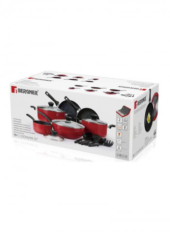 15-Piece Cookware Set Red/Clear Frying Pan (24, 28), Casserole (24, 30), Tray (18 ), Plate (30 )cm