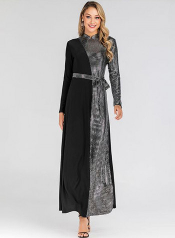 Tie Waist Robe Dress Black/Grey