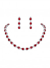 Silver Plated Ruby Studded Teardrop Necklace And Earrings Set