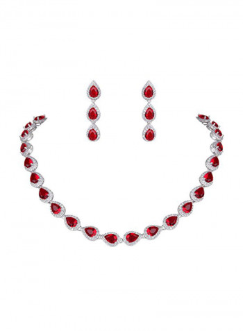 Silver Plated Ruby Studded Teardrop Necklace And Earrings Set
