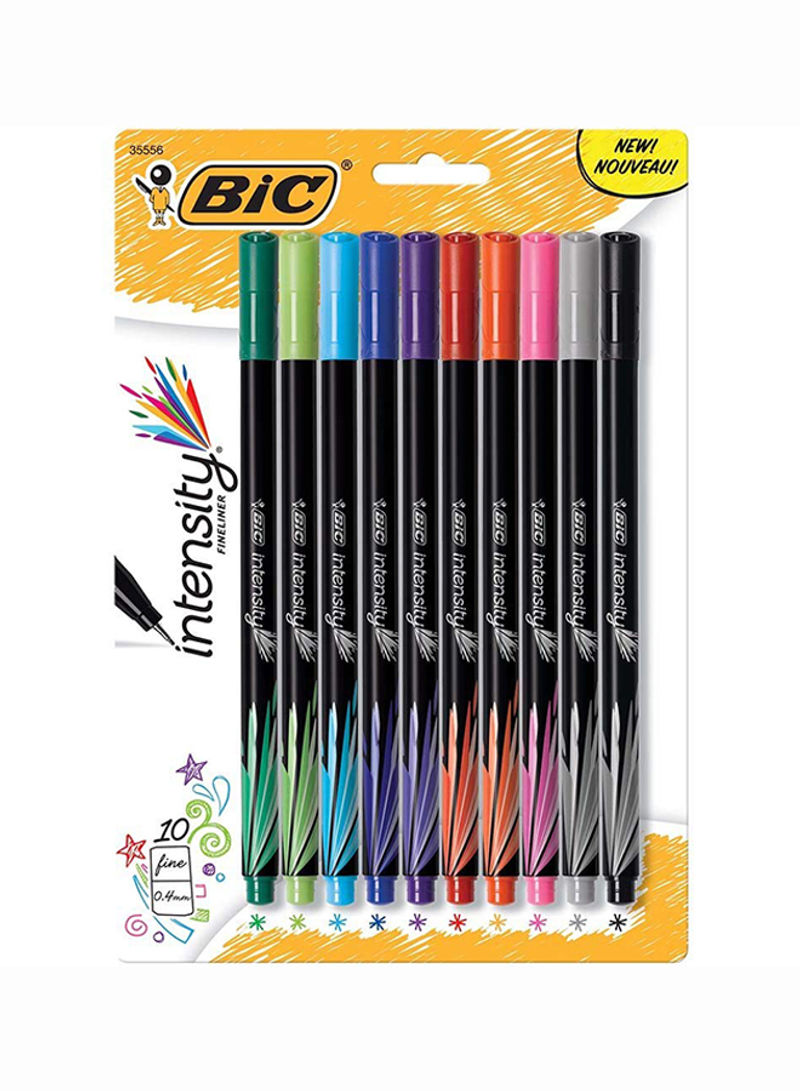 Pack Of 10 Intensity Fineliner Marker Pen Green/Light Green/Light Blue/Blue/Purple/Red/Orange/Pink/Gray/Black