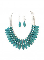 Brass Turquoise Studded Necklace With Earrings Set