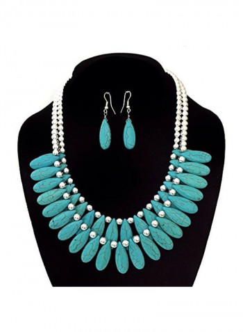 Brass Turquoise Studded Necklace With Earrings Set