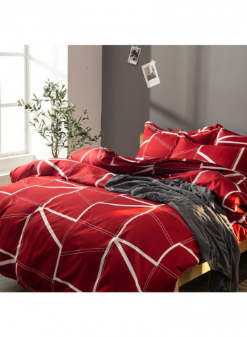 3-Piece Geometric Lines Pattern Quilt Set Polyester Red/White Queen