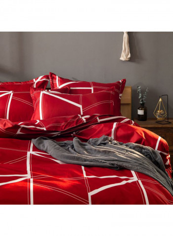 3-Piece Geometric Lines Pattern Quilt Set Polyester Red/White Queen