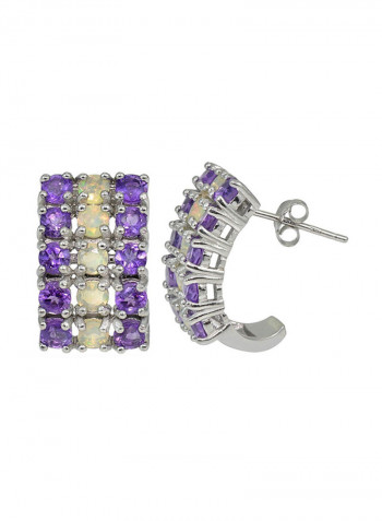 925 Sterling Silver Ethiopian Opal And African Amethyst 3 Row Half Hoop Stud Earrings