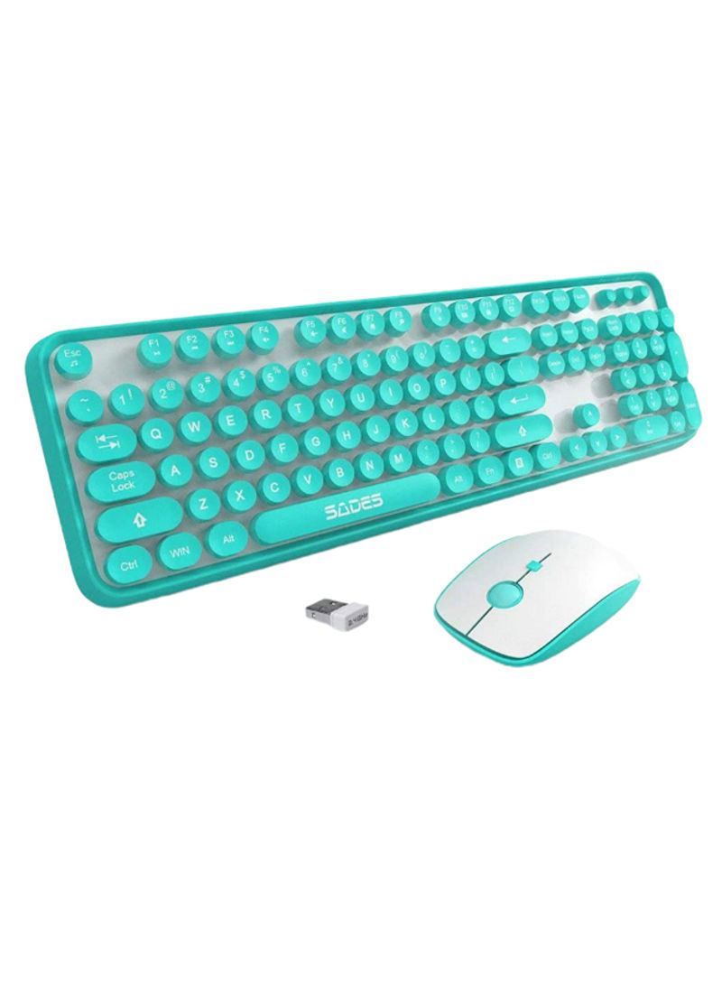 Wireless Round Keycaps Retro Style Keyboard With Mouse And USB Receiver Turquoise/White