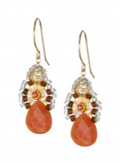 Gold Plated With Jade, Quartz And Beads Drop Earrings