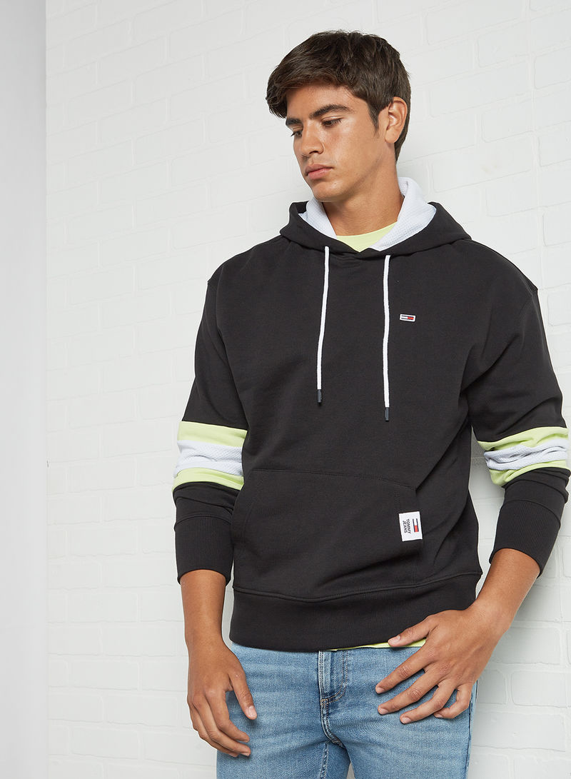 Rugby Stripe Contrast Lining Hoodie Black/Faded Lime