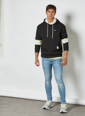 Rugby Stripe Contrast Lining Hoodie Black/Faded Lime