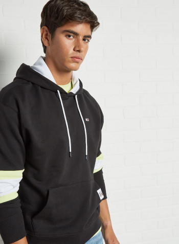 Rugby Stripe Contrast Lining Hoodie Black/Faded Lime