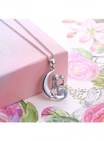 925 Sterling Silver Mermaid Crescent Moon Pendant Necklace With Zirconia