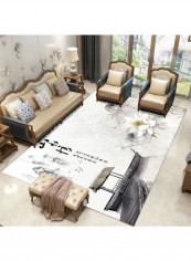 Lotus Flower Print Chinese Style Non-Slip Floor Mat Grey 120 x 160cm