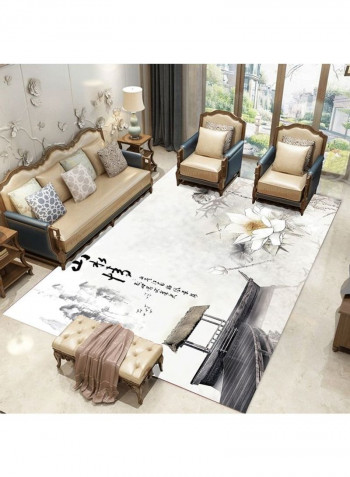 Lotus Flower Print Chinese Style Non-Slip Floor Mat Grey 120 x 160cm