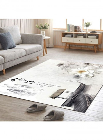 Lotus Flower Print Chinese Style Non-Slip Floor Mat Grey 120 x 160cm