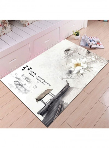 Lotus Flower Print Chinese Style Non-Slip Floor Mat Grey 120 x 160cm