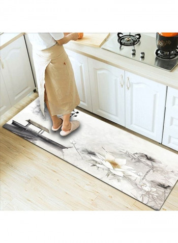 Lotus Flower Print Chinese Style Non-Slip Floor Mat Grey 120 x 160cm