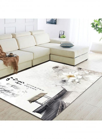 Lotus Flower Print Chinese Style Non-Slip Floor Mat Grey 120 x 160cm