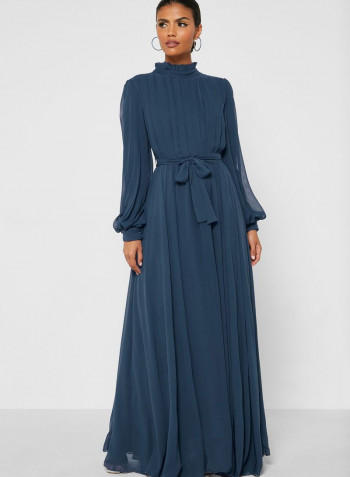 Pintuck Deatil Soft Belted Dress Blue