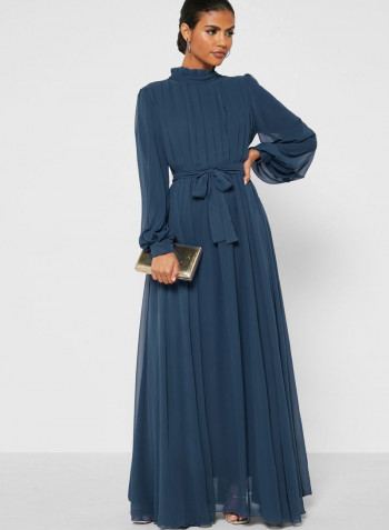 Pintuck Deatil Soft Belted Dress Blue