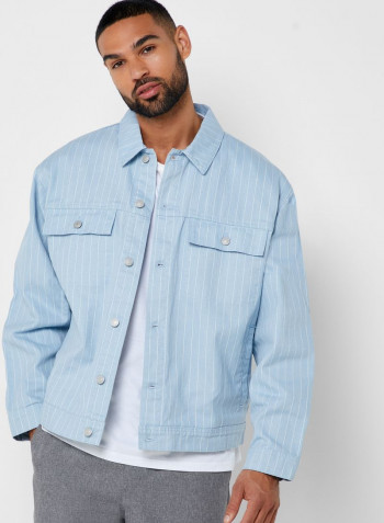 Striped Denim Oversized Jacket Blue