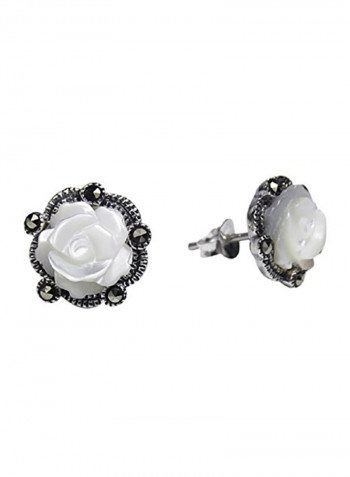 925 Sterling Silver Carved Rose Marcasite Style Pearl Stud Earrings
