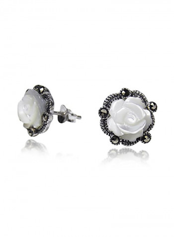 925 Sterling Silver Carved Rose Marcasite Style Pearl Stud Earrings