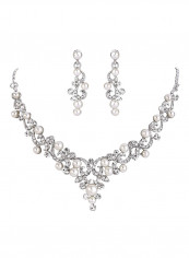Wedding Bridal Crystal Simulated Pearl Filigree Vine Y Necklace Dangle Earrings Set