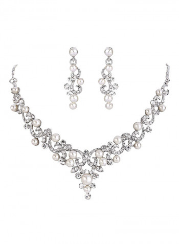 Wedding Bridal Crystal Simulated Pearl Filigree Vine Y Necklace Dangle Earrings Set