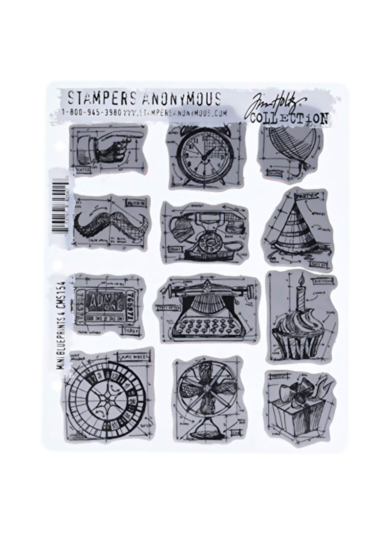 Tim Holtz Cling Rubber Stamp Set - Mini Blueprints Grey/Black