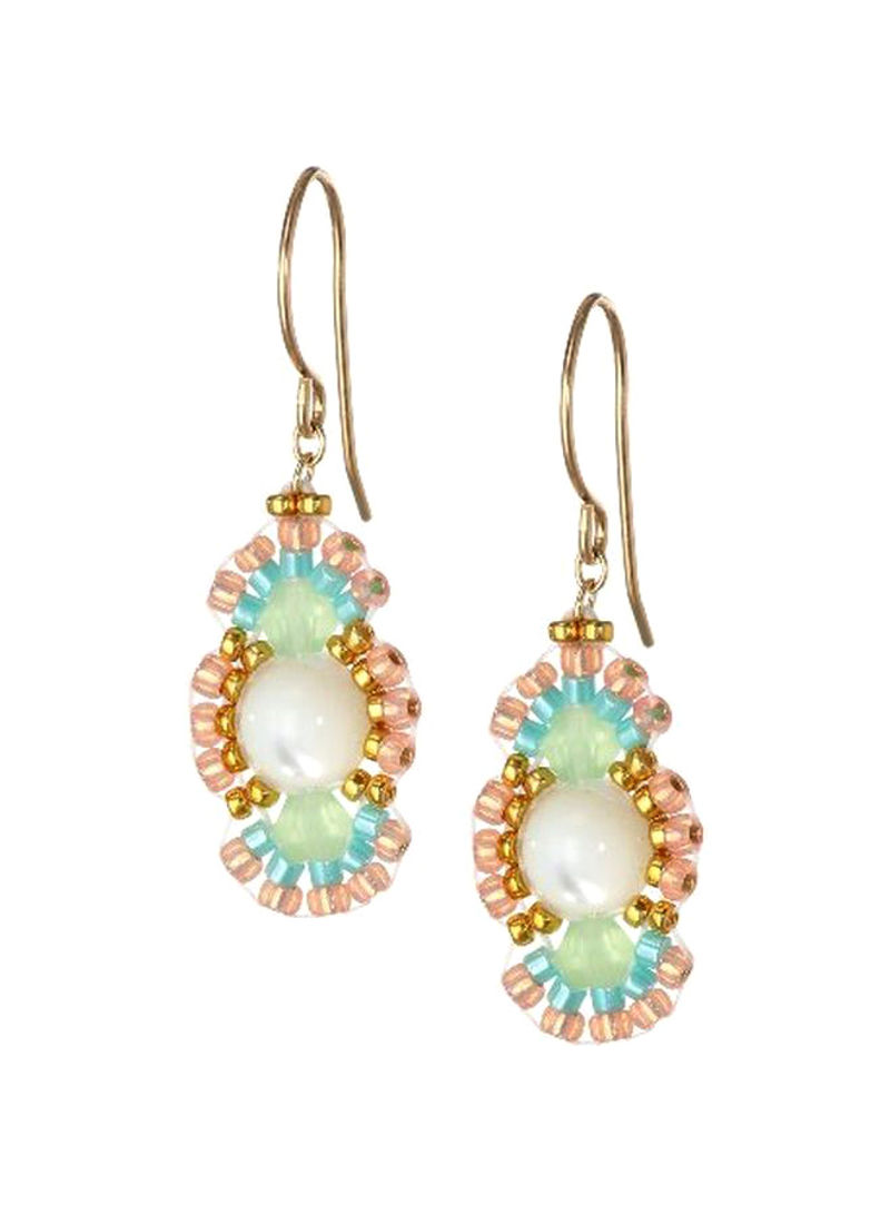 Gold Plated Prehnite and Mother of Pearl Oval Drop Earrings