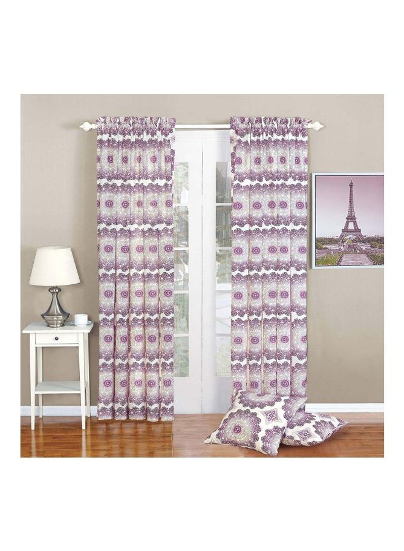 Pack Of 4 Printed Curtain And Pillowcase Set Purple/White