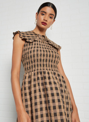 Checkered Midi Dress Brown