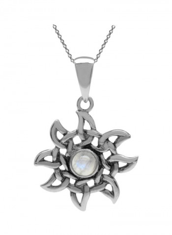 Rhodium Plated 925 Sterling Silver Moonstone Studded Celtic Knot Sun Ray Pendant Necklace