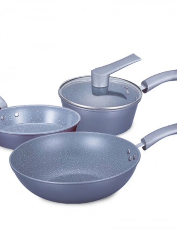 3-Piece Non-Stick Frying Pan, Wok And Saucepan Milk Pot With Glass Lid Cookware Set Grey 54 x 13 x 33cm