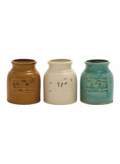 3-Piece Ceramic Cutlery Jar Blue/Brown/Beige 7x9inch